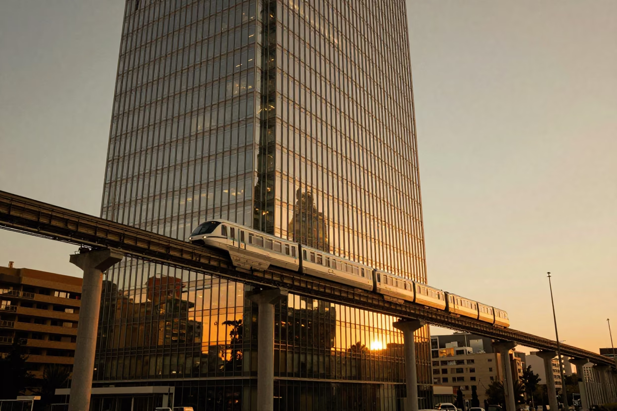 Honeyed Evening Light in Barcelona Spain with Monorail Reflection in Glass Skyscraper in in Barcelona, Spain