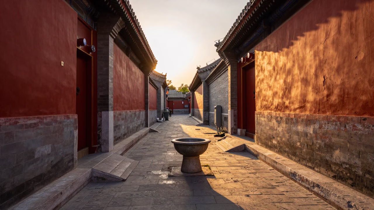 Honeyed Evening Light in Beijing Alley with Vintage Wash Basin and Vizsla Dog in in Beijing, China