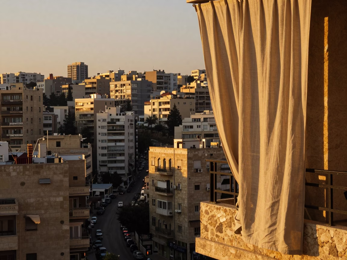 Honeyed Evening Light in Beirut Lebanon Street Scene with Linen Curtains and Olives in in Beirut, Lebanon
