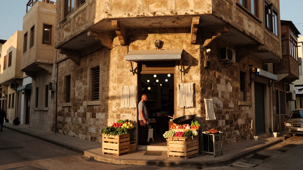 Honeyed Evening Light in Beirut Lebanon Street Scene with Linen Fringe and Skillet in in Beirut, Lebanon