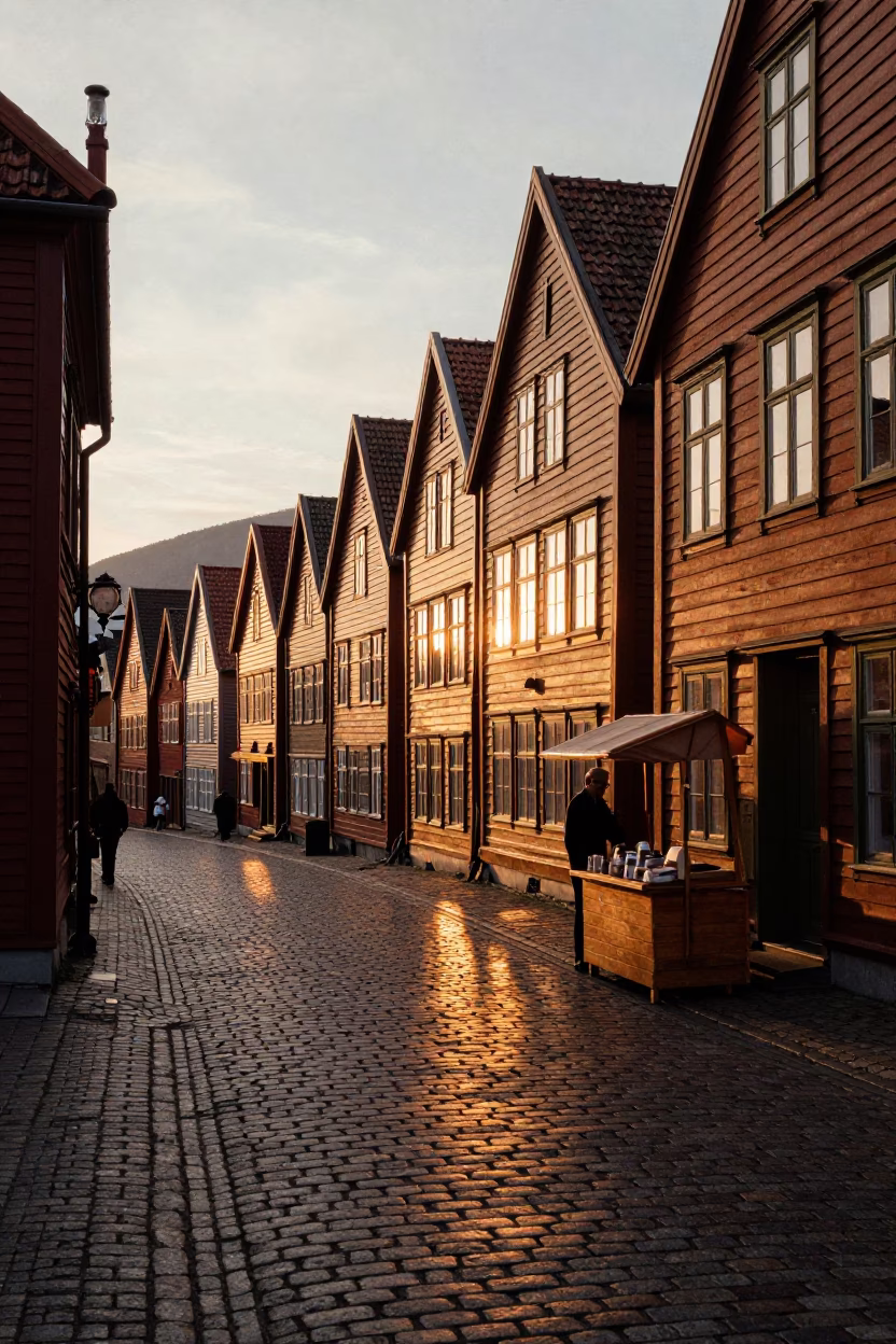 Honeyed Evening Light in Bergen Norway Street Scene with Traditional Architecture in in Bergen, Norway