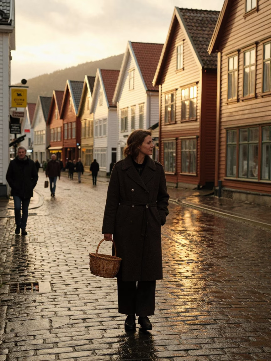 Honeyed Evening Light in Bergen Norway Street Scene with Vintage Details in in Bergen, Norway
