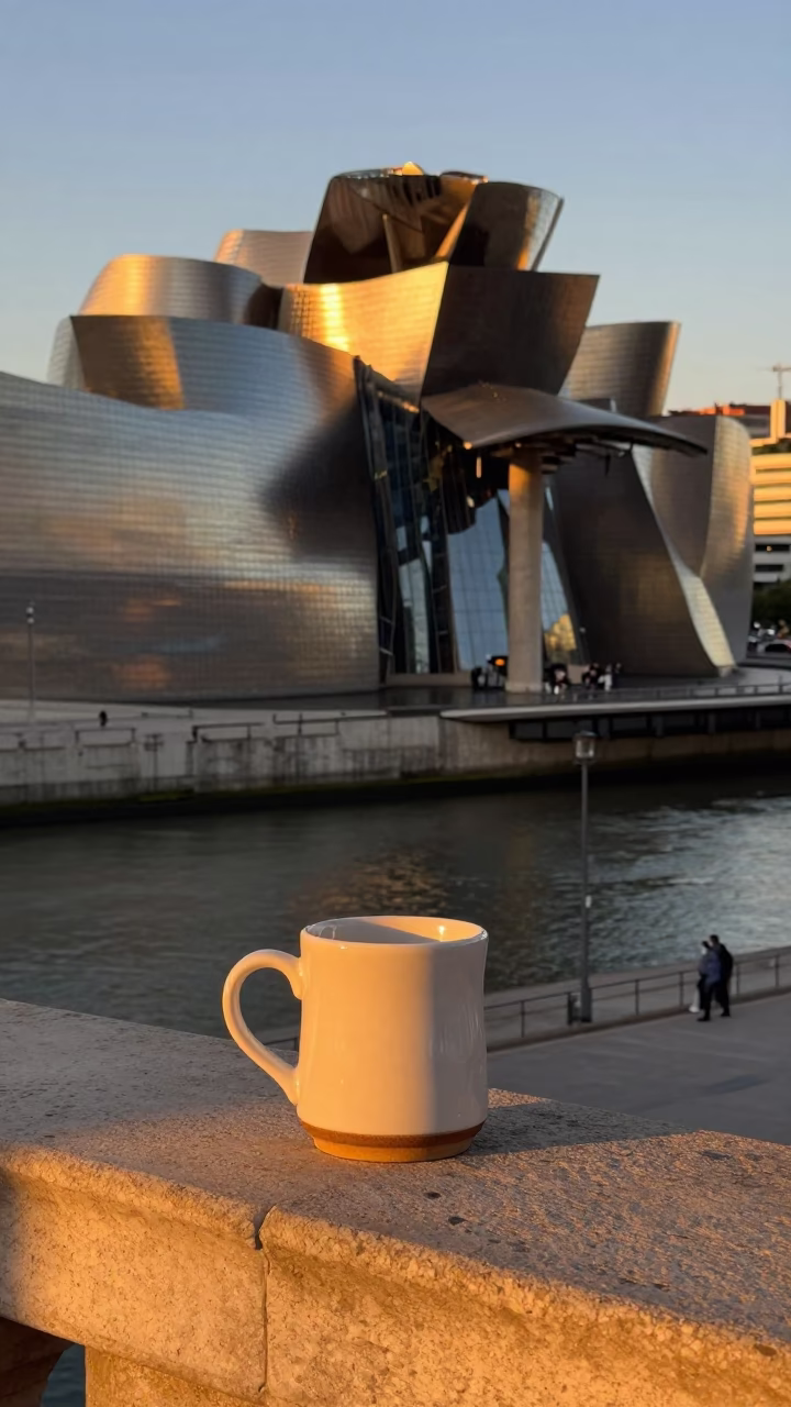 Honeyed Evening Light in Bilbao Spain Street Scene with Ceramic Mug and Local Interaction in in Bilbao, Spain