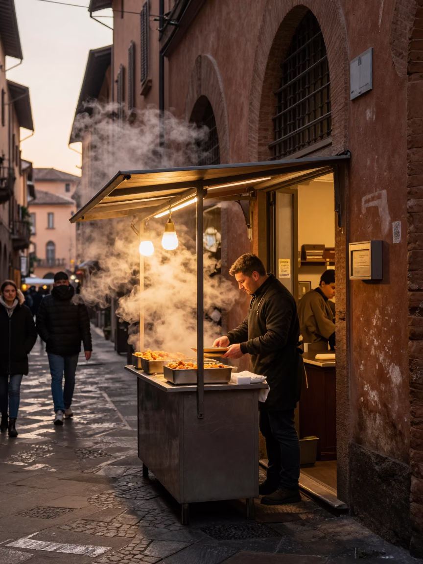 Honeyed Evening Light in Bologna Italy Street Scene with Steam and Local Life in in Bologna, Italy