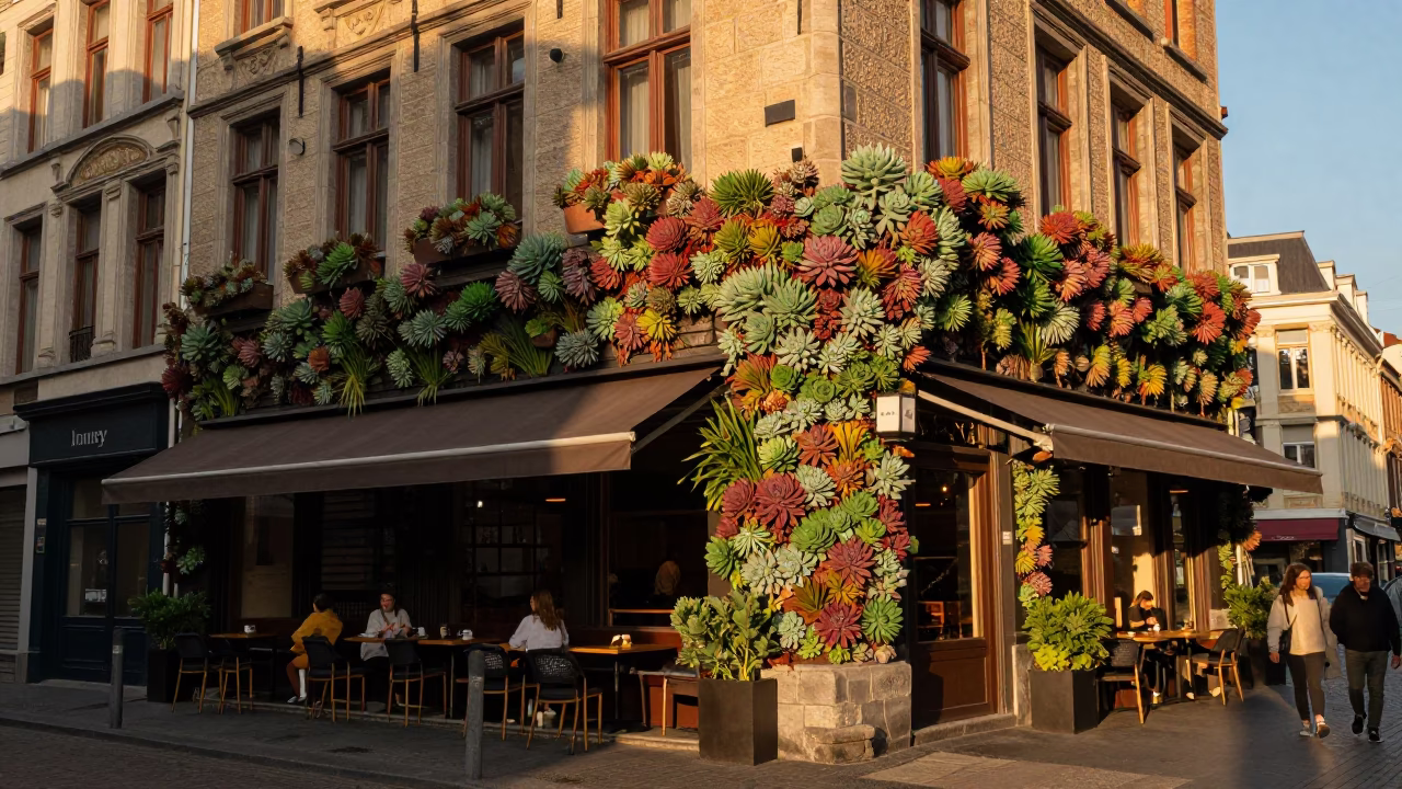 Honeyed Evening Light in Brussels Belgium Cafe Exterior Living Wall of Succulents in in Brussels, Belgium