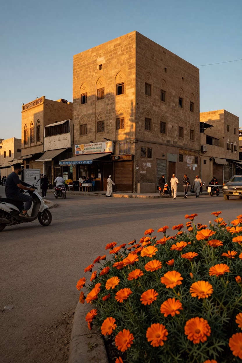 Honeyed Evening Light in Cairo Egypt with Calendula Patch Glowing Orange at Golden Hour in in Cairo, Egypt