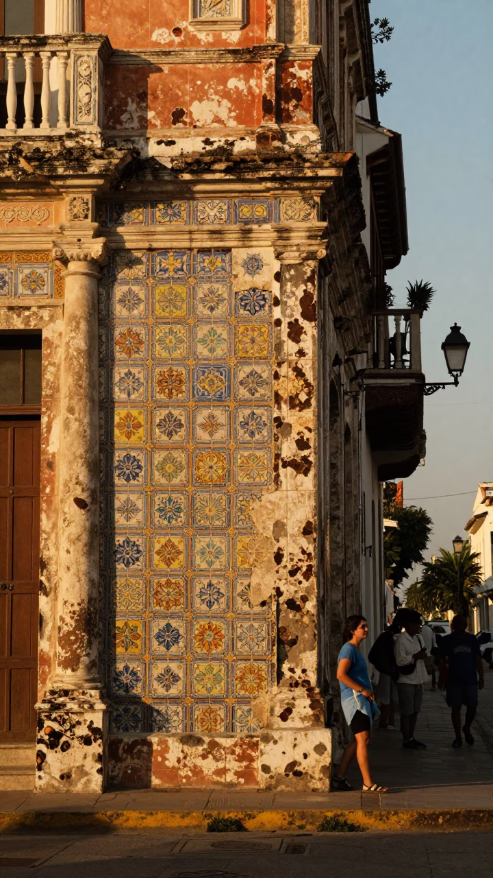 Honeyed Evening Light in Cartagena Colombia Street Scene with Ceramic Tiles and Local Interaction in in Cartagena, Colombia