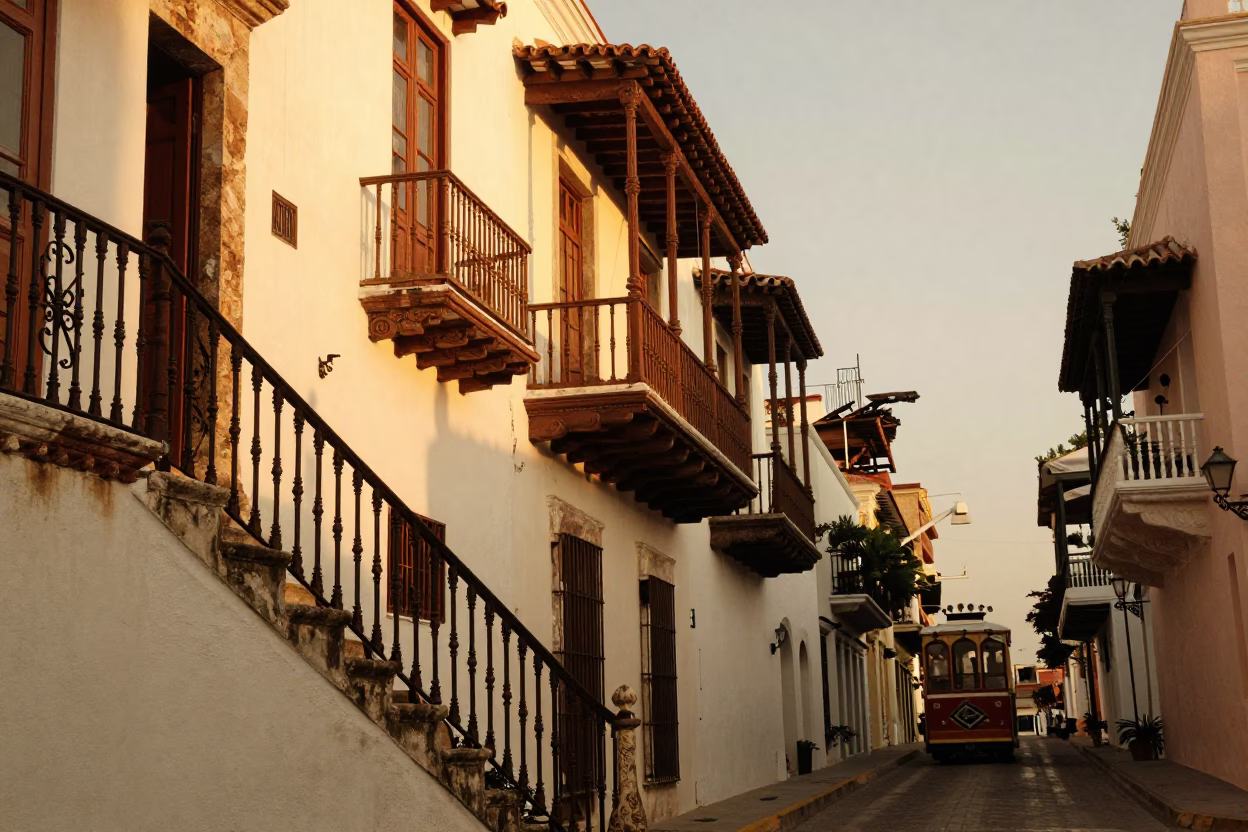 Honeyed Evening Light in Cartagena Colombia Street Scene with Stair Rail and Funicular in in Cartagena, Colombia