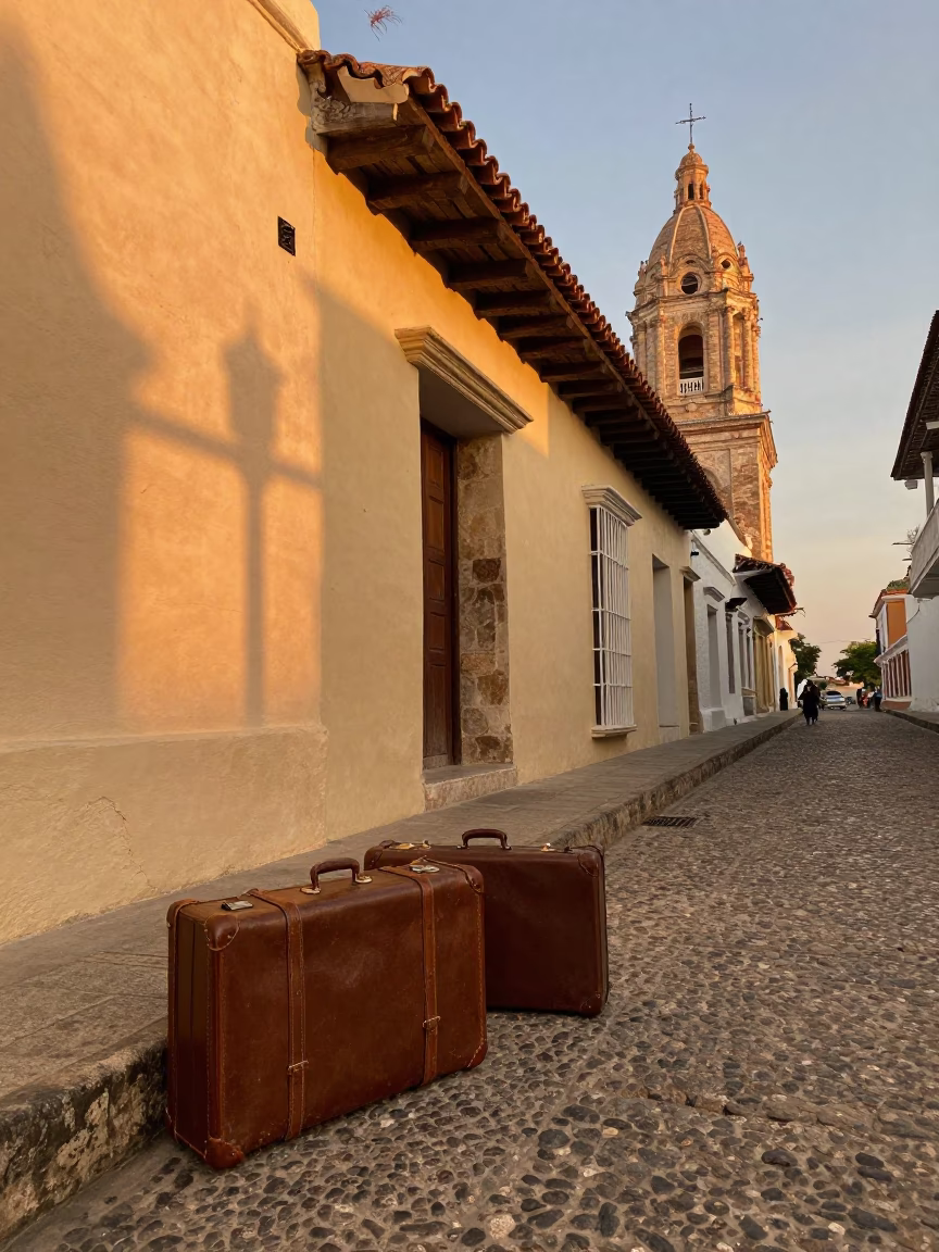Honeyed Evening Light in Cartagena Colombia with Vintage Suitcases and Colonial Architecture in in Cartagena, Colombia
