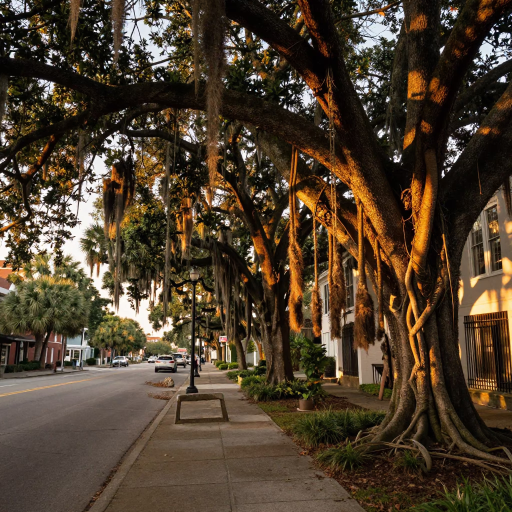 Honeyed Evening Light in Charleston South Carolina with Banyan Grove and Local Street Scene in in Charleston, South Carolina, United States