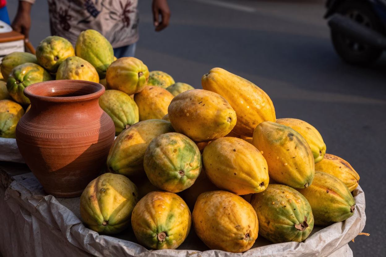 Honeyed Evening Light in Delhi India Street Scene with Papayas and Terracotta Pot in in Delhi, India