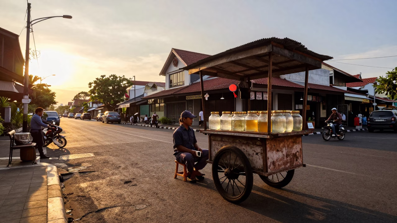 Honeyed Evening Light in Denpasar Indonesia Street Scene with Glass Jar and Tea Stains in in Denpasar, Indonesia