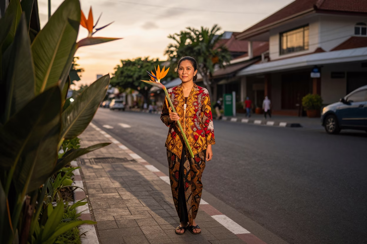 Honeyed Evening Light in Denpasar Indonesia with Bird of Paradise Flower Against Blue Sky in in Denpasar, Indonesia