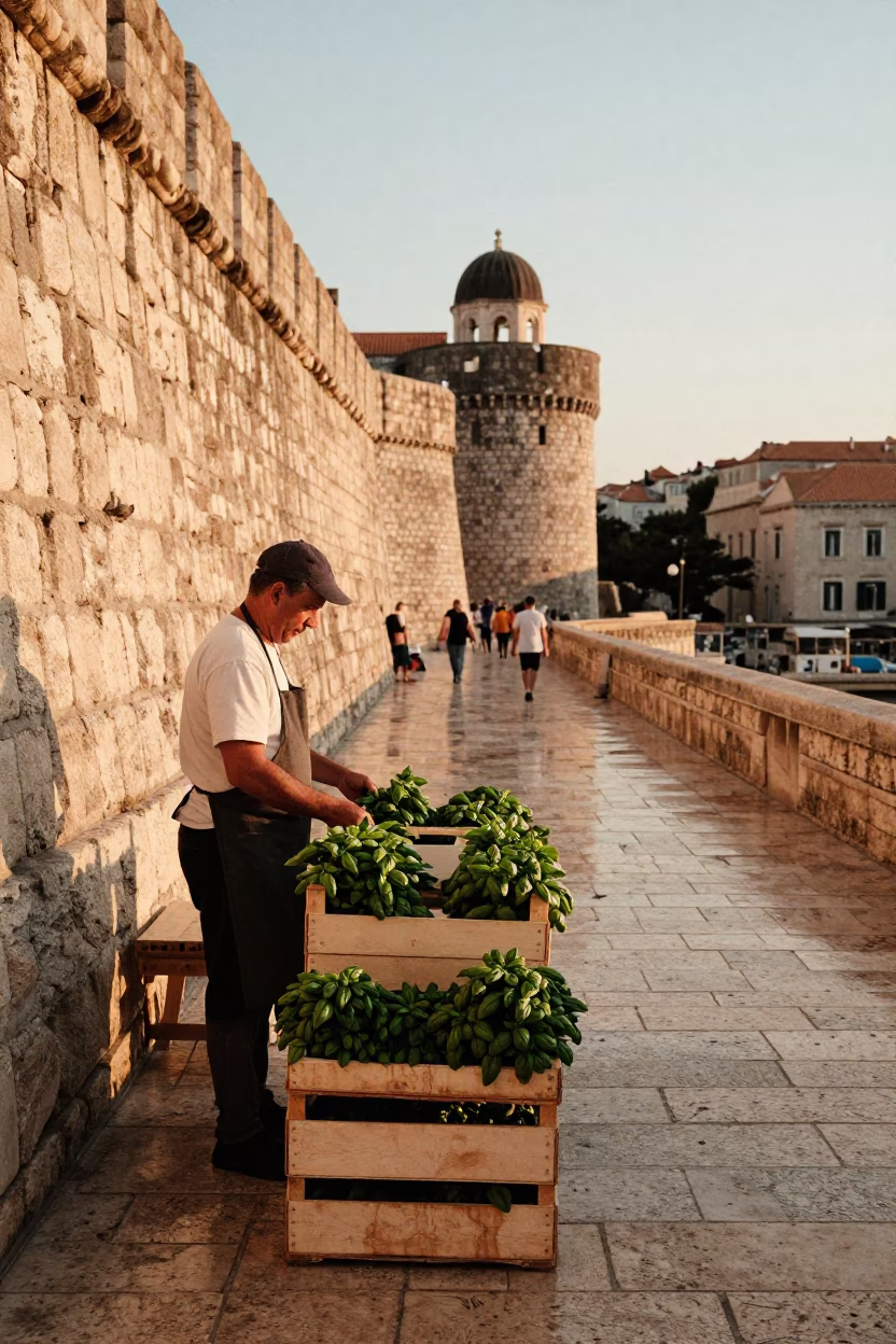 Honeyed Evening Light in Dubrovnik Croatia Street Scene with Basil and Tin Box in in Dubrovnik, Croatia