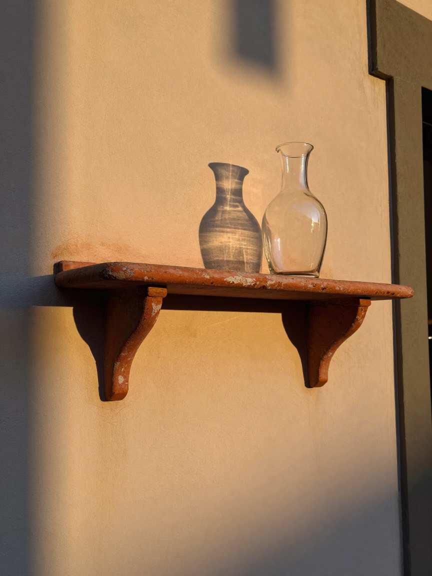 Honeyed Evening Light in Florence Italy Rusty Shelf and Carafe on Terrace in in Florence, Italy