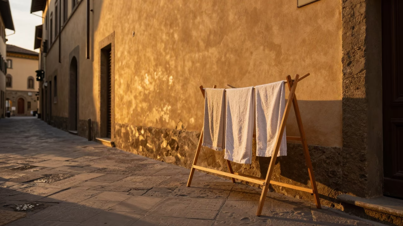 Honeyed Evening Light in Florence Italy Street Scene with Drying Rack and Historic Architecture in in Florence, Italy