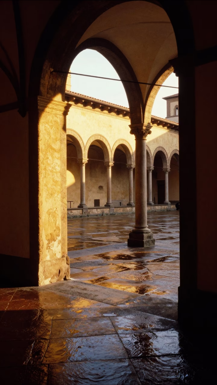 Honeyed Evening Light in Florence Italy University Cloister with Wet Flagstones and Spinning Top in in Florence, Italy