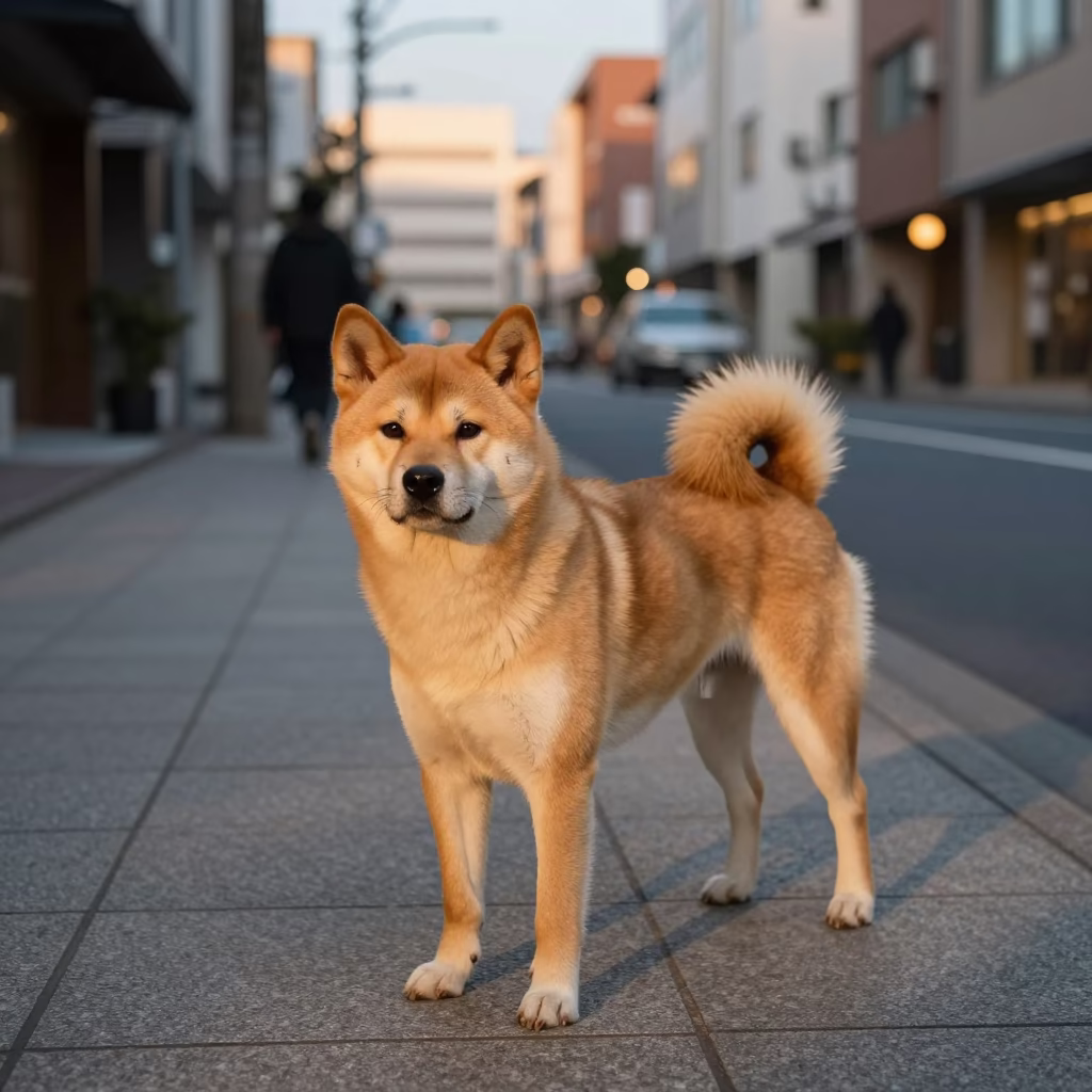 Honeyed Evening Light in Fukuoka Japan Street Scene with Korean Jindo Dog in in Fukuoka, Japan