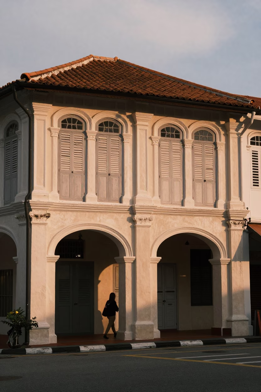 Honeyed Evening Light in George Town Malaysia Shophouse Street Scene in in George Town, Malaysia