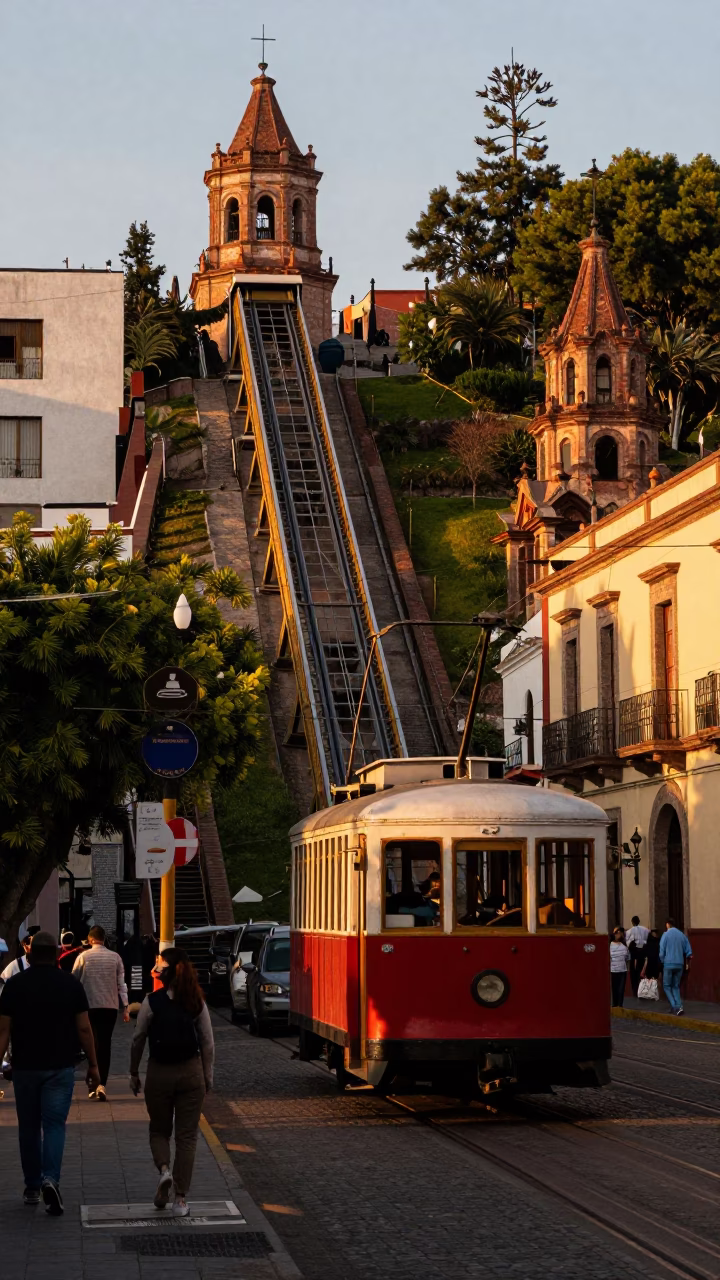 Honeyed Evening Light in Guadalajara Mexico Street Scene with Funicular and Reflections in in Guadalajara, Mexico