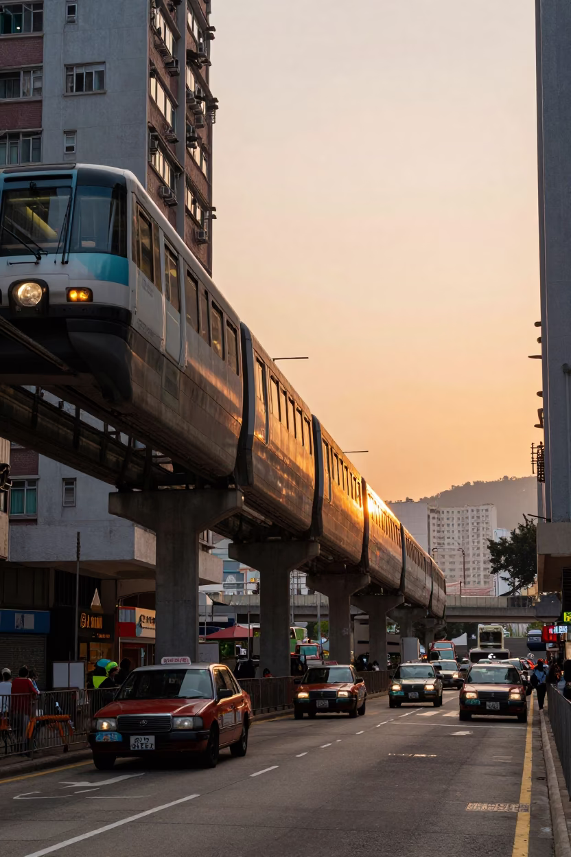 Honeyed Evening Light in Hong Kong Street Scene with Monorail and Lanterns in in Hong Kong, Hong Kong