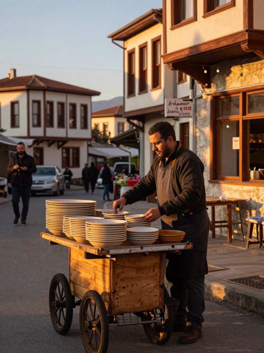 Honeyed Evening Light in Izmir Turkey Street Scene with Local Cuisine in in Izmir, Turkey