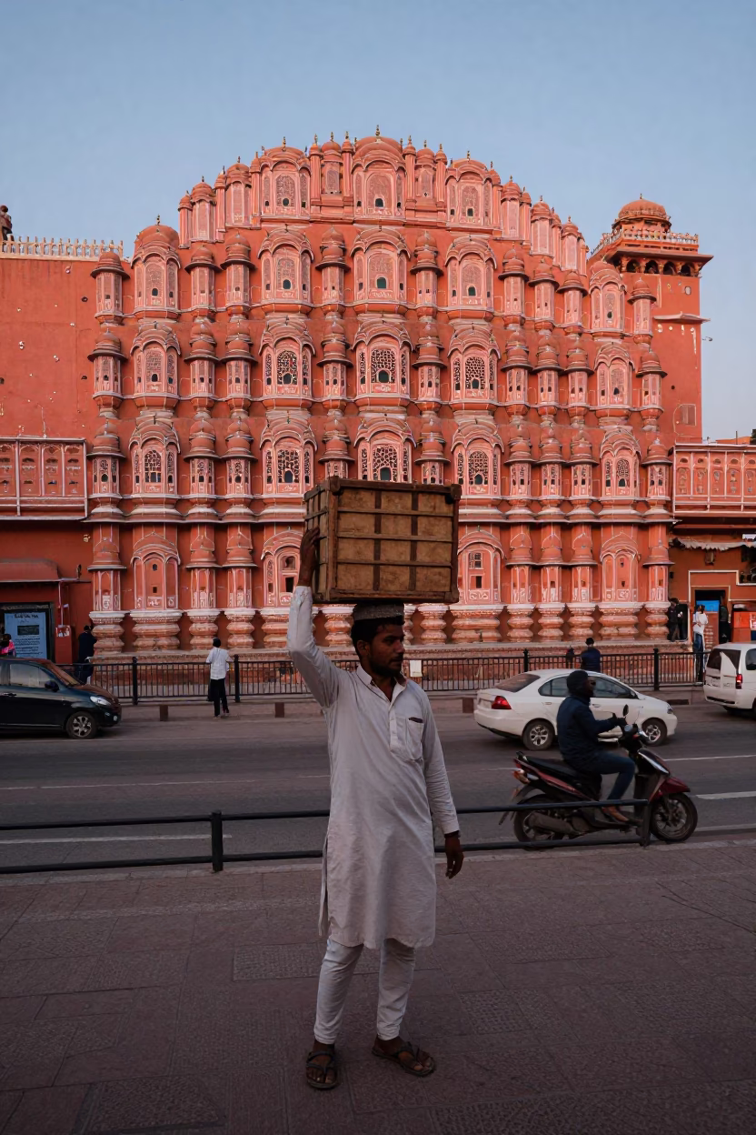 Honeyed Evening Light in Jaipur India Street Scene with Pink Sandstone Architecture in in Jaipur, India