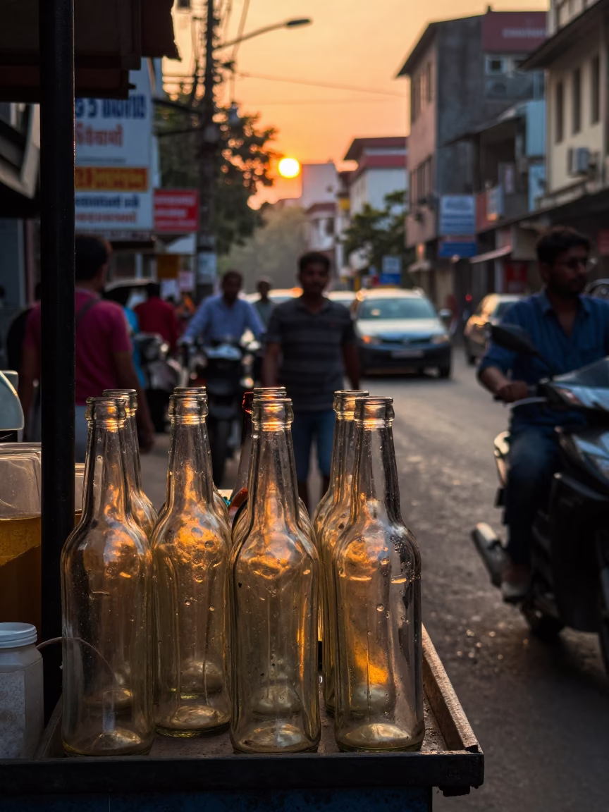 Honeyed Evening Light in Kolkata India Street Scene with Glass Bottles in in Kolkata, India