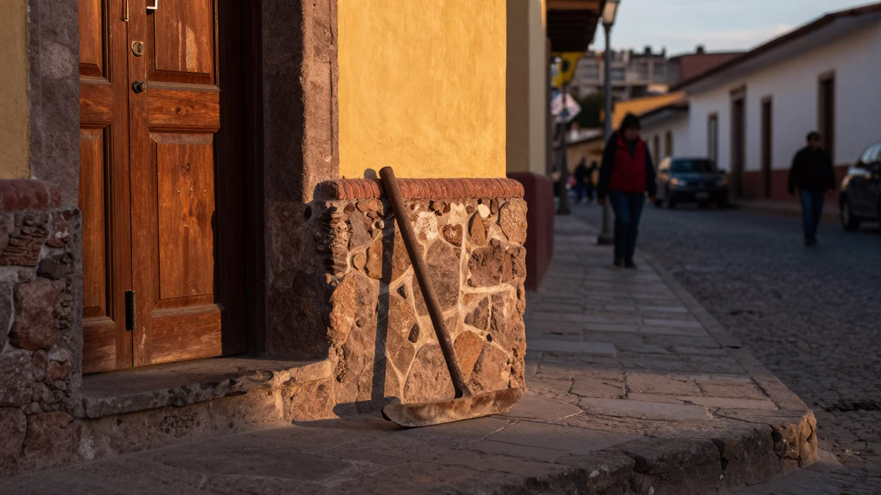 Honeyed Evening Light in La Paz Bolivia Street Scene with Boot Scraper in in La Paz, Bolivia
