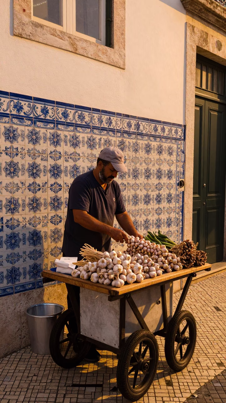 Honeyed Evening Light in Lisbon Portugal with Traditional Azulejo Tiles and Local Street Life in in Lisbon, Portugal