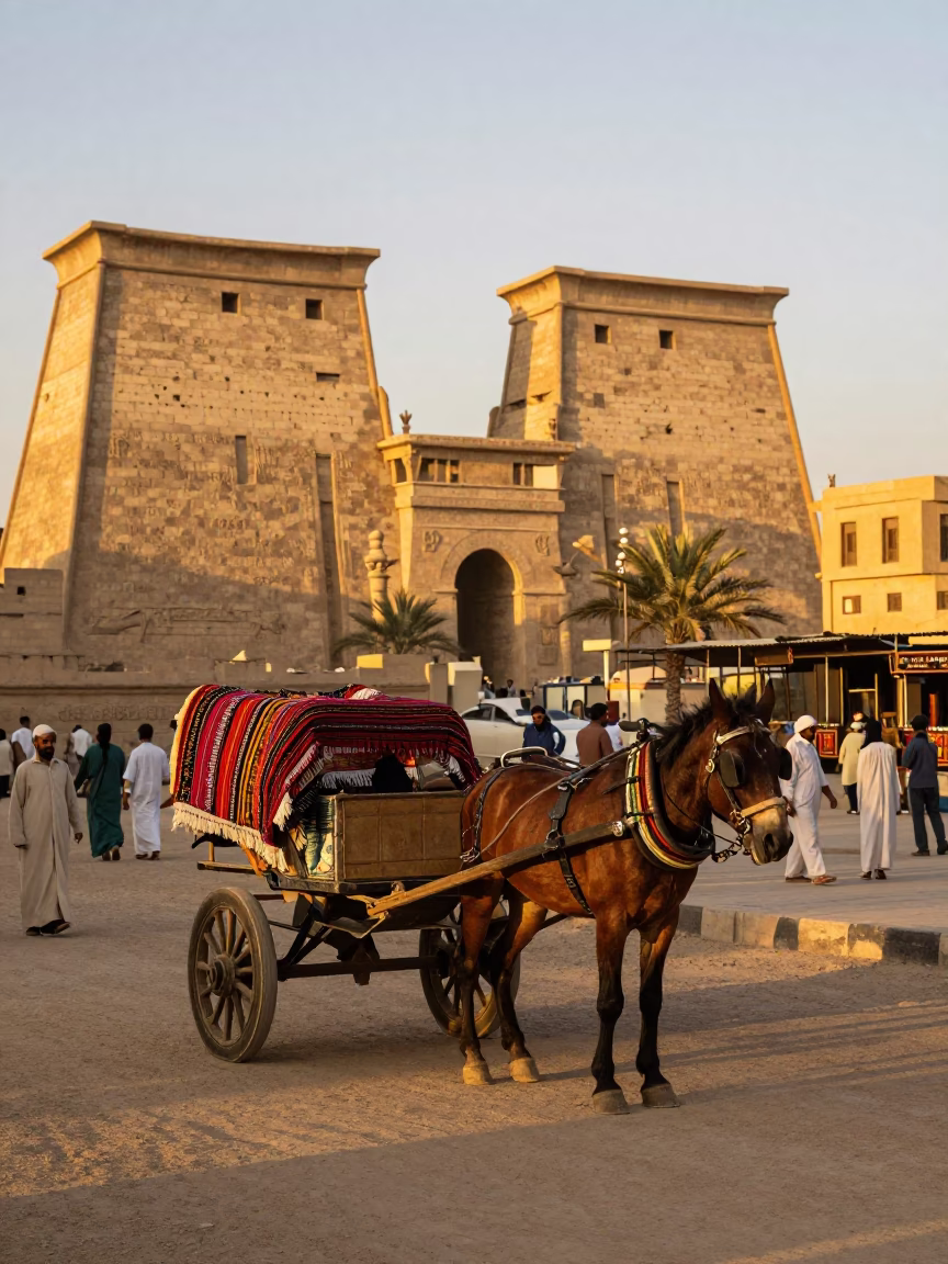 Honeyed Evening Light in Luxor Egypt Street Scene with Horse Cart in in Luxor, Egypt