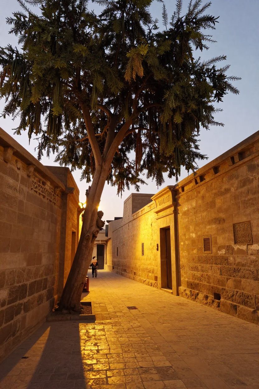 Honeyed Evening Light in Luxor Egypt Street Scene with Tamarind Tree and Ceramic Pitcher in in Luxor, Egypt