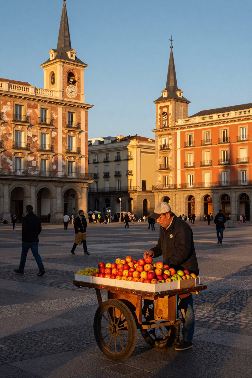 Honeyed Evening Light in Madrid Spain City Center Street Scene in in Madrid, Spain