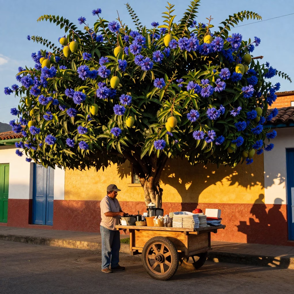 Honeyed Evening Light in Medellin Colombia with Mangoes and Plumbago Hedge in in Medellin, Colombia