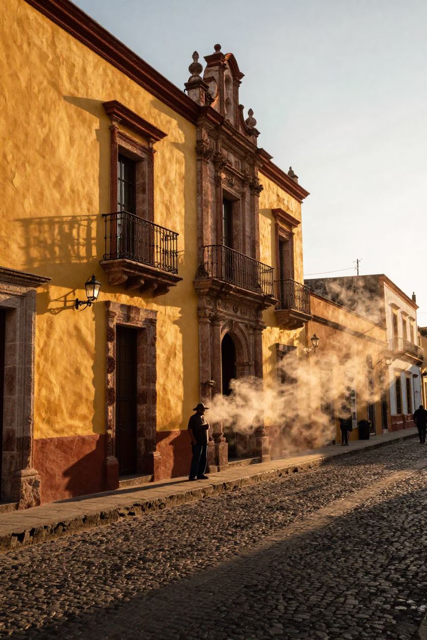 Honeyed Evening Light in Merida Mexico Street Scene with Steam and Lantern in in Merida, Mexico