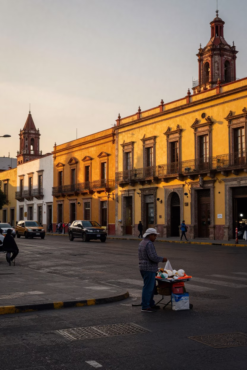 Honeyed Evening Light in Mexico City Street Corner with Vendor and Local Life in in Mexico City, Mexico