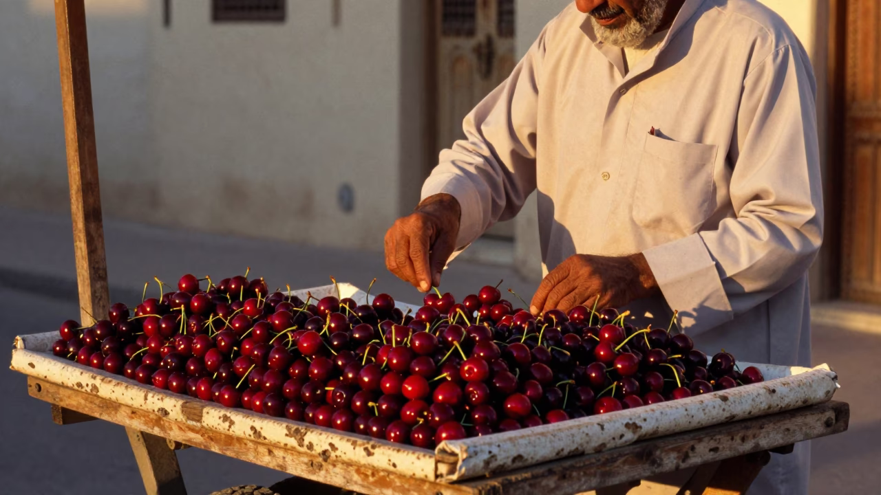 Honeyed Evening Light in Muscat Oman Cherry Seller Street Scene in in Muscat, Oman