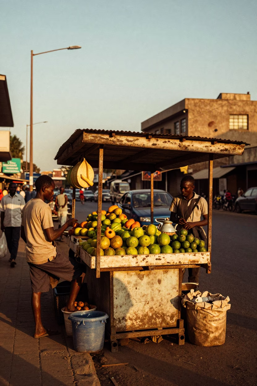 Honeyed Evening Light in Nairobi Kenya Street Scene with Fruits and Local Market Life in in Nairobi, Kenya