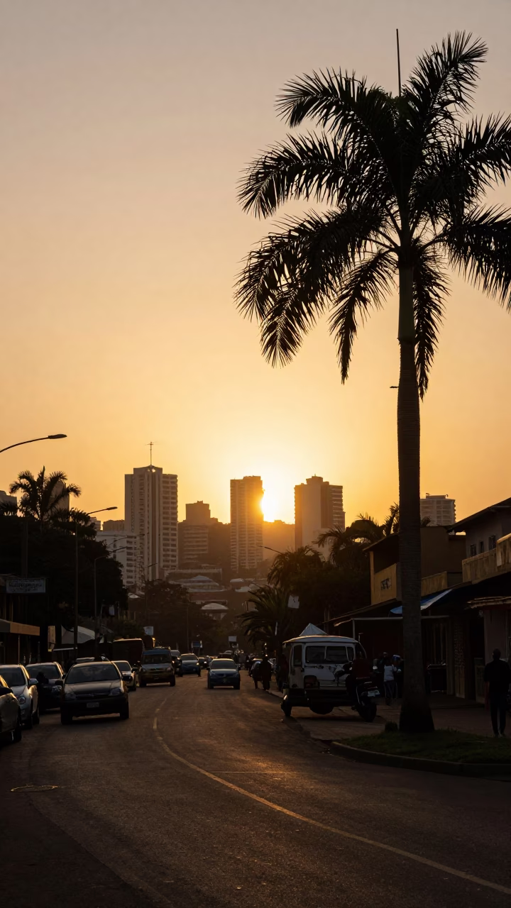 Honeyed Evening Light in Nairobi Kenya with Palm Silhouettes and Street Life in in Nairobi, Kenya