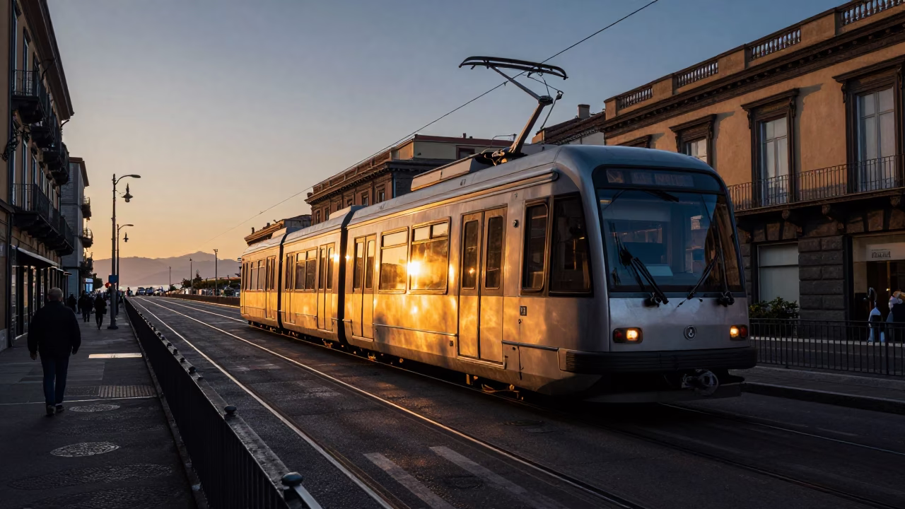 Honeyed Evening Light in Naples Italy Capturing Monorail and Street Life in in Naples, Italy
