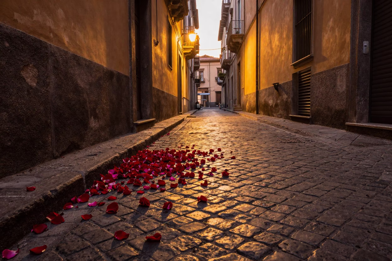Honeyed Evening Light in Naples Italy Street Scene with Fallen Flower Petals in in Naples, Italy