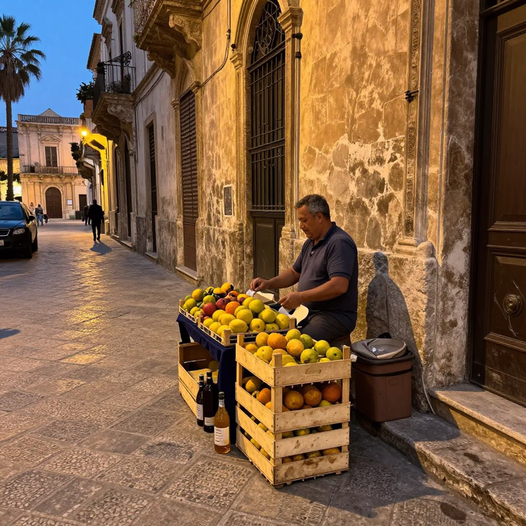Honeyed Evening Light in Palermo Italy Street Scene with Bottle and Persimmons in in Palermo, Italy