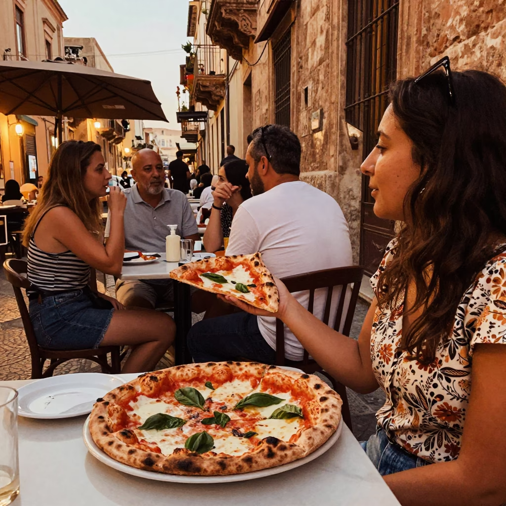 Honeyed Evening Light in Palermo Italy Street Scene with Neapolitan Pizza Slice in in Palermo, Italy