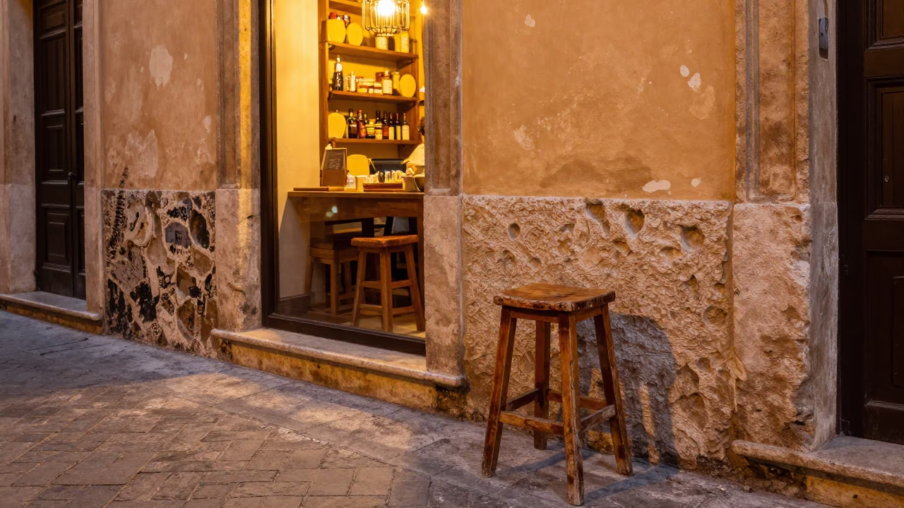 Honeyed Evening Light in Palermo Italy Street Scene with Stool and Bicycle in in Palermo, Italy
