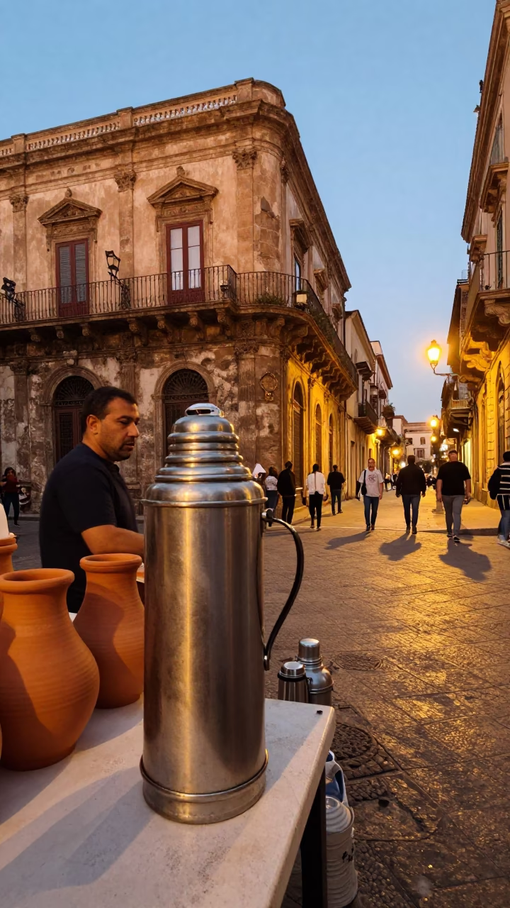 Honeyed Evening Light in Palermo Italy Street Scene with Thermos in in Palermo, Italy