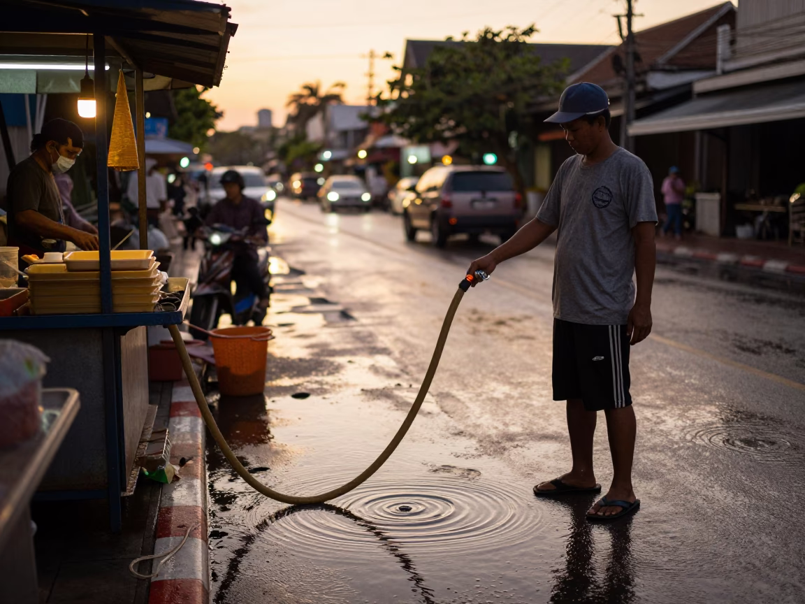Honeyed Evening Light in Phuket Thailand Street Scene with Water Rings and Hose Nozzle in in Phuket, Thailand