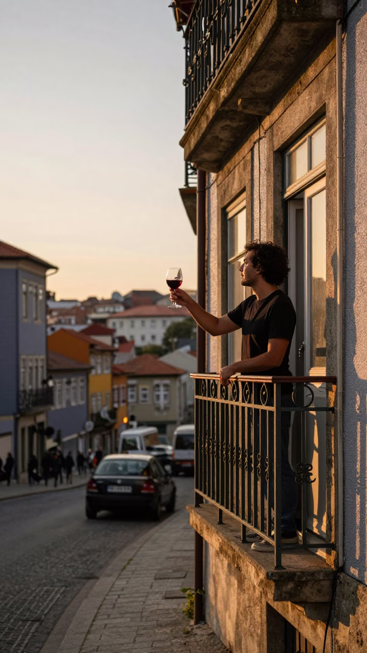 Honeyed Evening Light in Porto Portugal Street Scene with Red Wine Glass in in Porto, Portugal