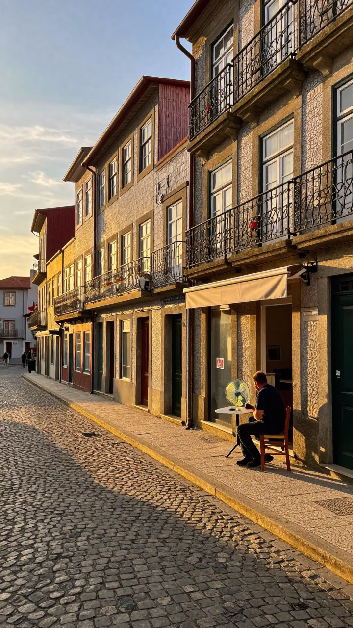 Honeyed Evening Light in Porto Portugal Street Scene with Table Fan in in Porto, Portugal