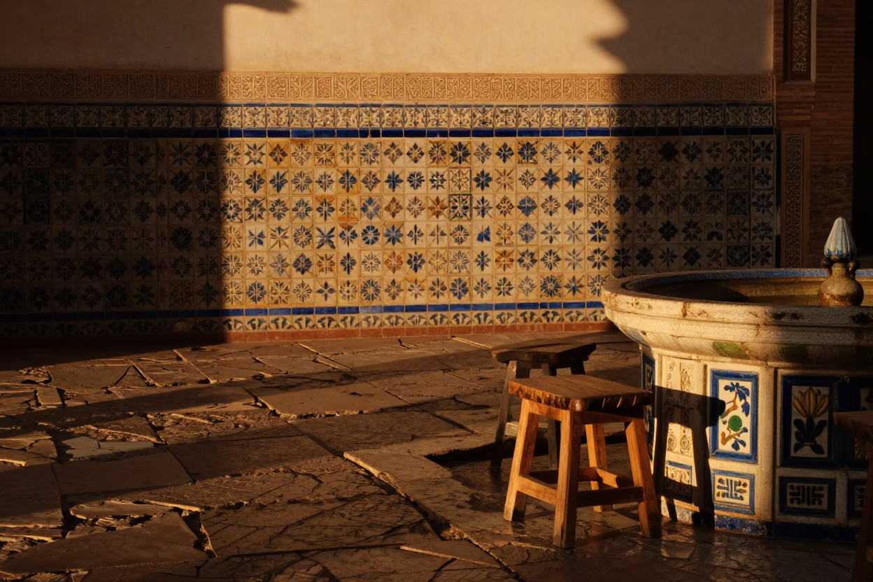 Honeyed Evening Light in Seville Spain Traditional Stool in Historic Alcázar Courtyard in in Seville, Spain