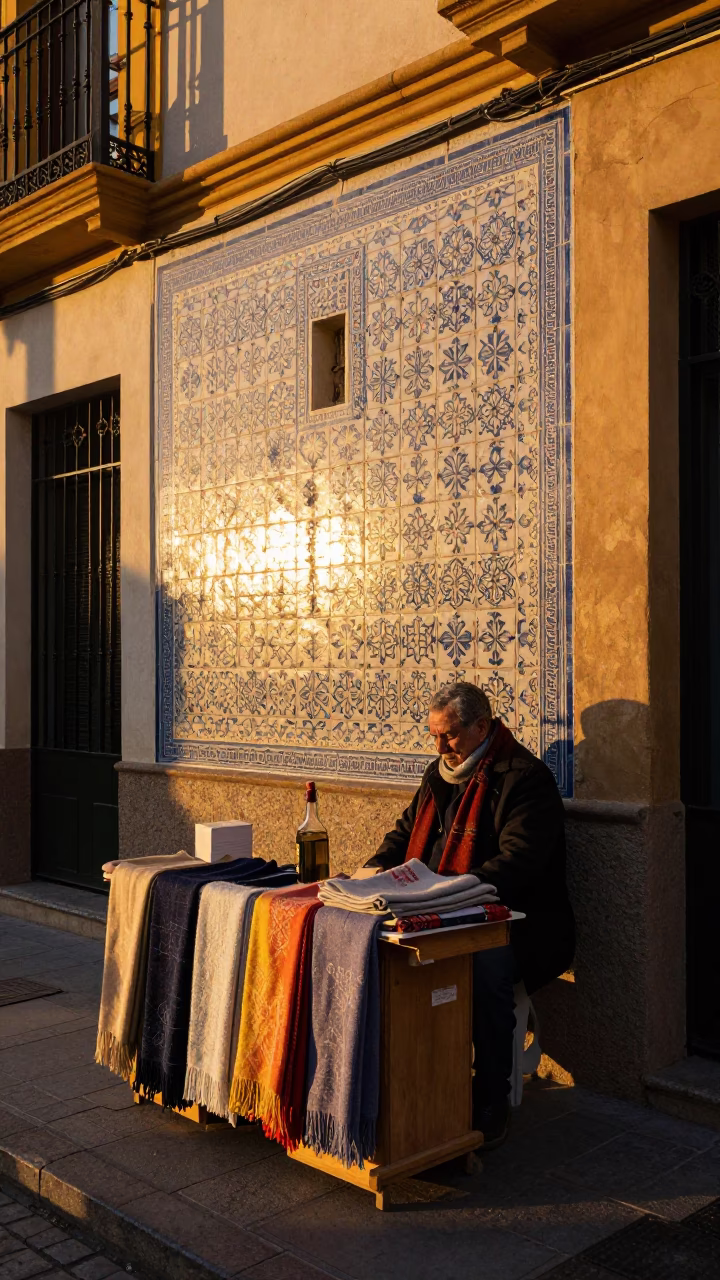 Honeyed Evening Light in Seville Spain with Wool Scarves and Oil Lamp in in Seville, Spain